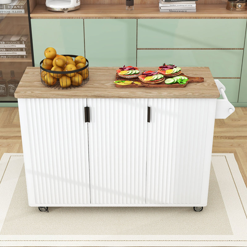 Chariot pour îlot de cuisine roulant Erela Farmhouse avec abattant et supports de rangement internes, Bois de frêne blanc