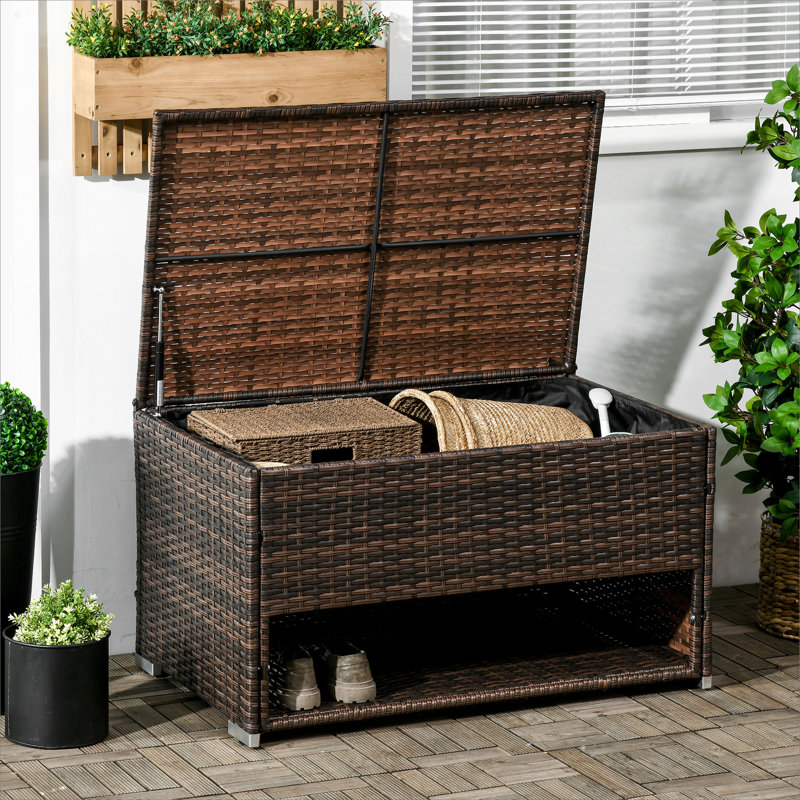 Outsunny Outdoor Deck Box & Shoe Storage, PE Rattan Wicker Towel Rack With Liner For Indoor, Outdoor, Patio Furniture Cushions, Pool, Toys, Garden Tools