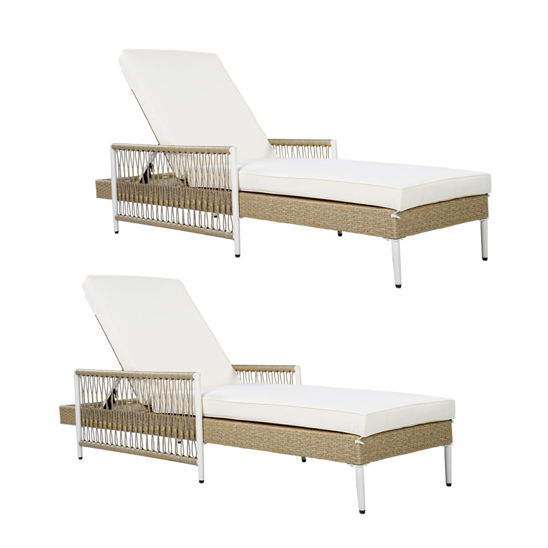 Ensemble de chaise longue double avec accoudoirs et fauteuil inclinable réglable, Beige