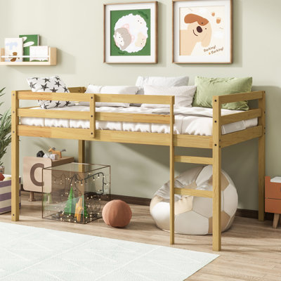 Lit mezzanine simple en bois massif avec échelle, plateforme à lattes renforcées, lit pour enfant et adolescent naturel et peu encombrant