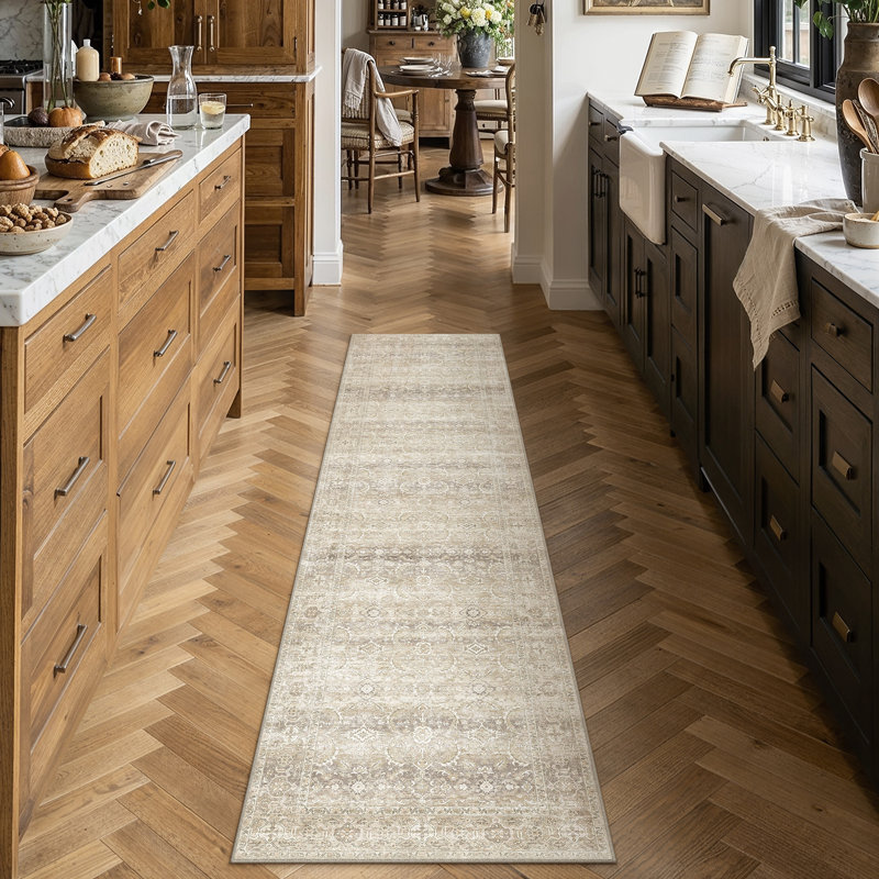 Tapis beige délavé rétro Selena, Beige, Tapis de couloir 2 pi x 8 pi