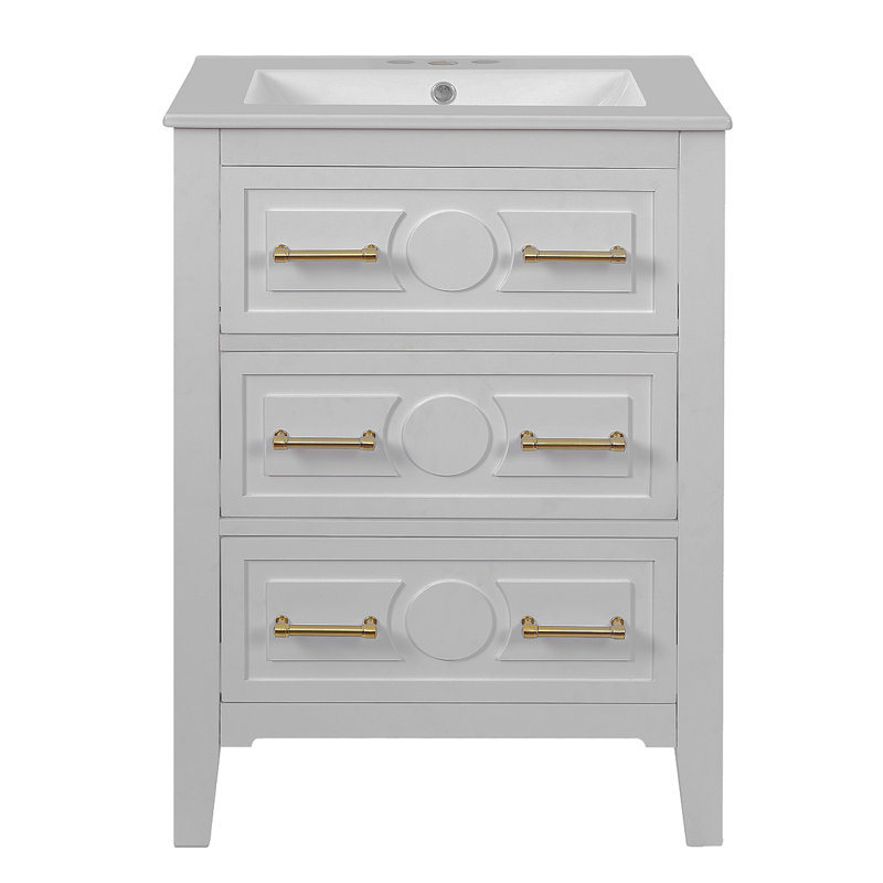 Ensemble de meuble-lavabo simple 24 po avec lavabo en céramique, ensemble de meuble-lavabo autoportant avec 3 tiroirs, cadre en bois massif, blanc