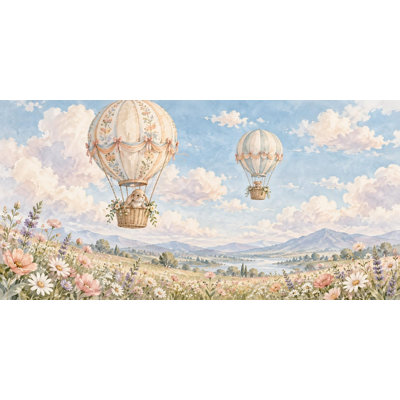Meadow Balloons Wallpaper Mural, Peel and Stick Kids Room Wall Mural, Watercolor Hot Air Balloon Nursery Wallpaper