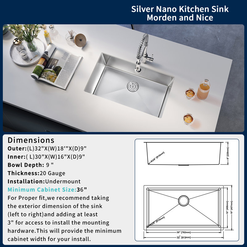 32'' Rectangular Undermount Stainless Steel Kitchen Sink