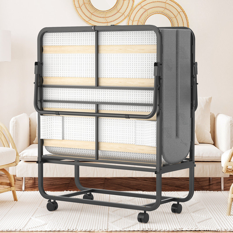 Veola Folding Bed, guest bed, office rest bed with 4'' Mattress, outside bed, Metal Structure with elasticity and flexible wood slats