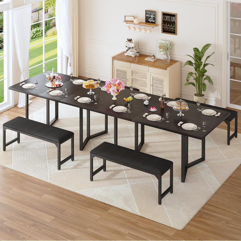 Ensemble de table de salle à manger 63 "pour 4-6, table de cuisine extensible 3 pièces avec 2 bancs rembourrés, ensemble de table de salle à manger extensible avec cadre en métal et panneau de fibres à densité moyenne, noir