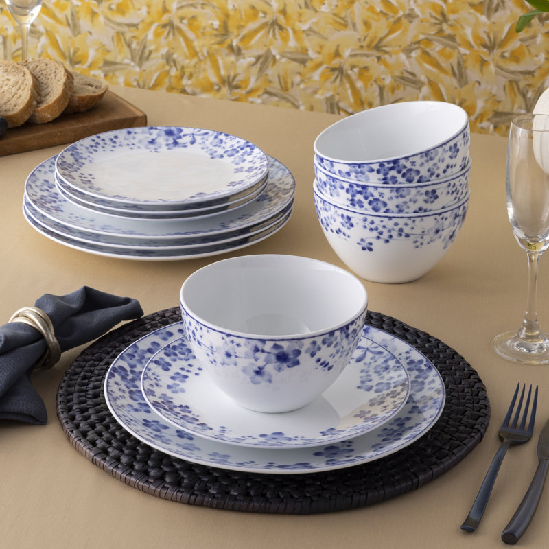 Blue and White Porcelain Floral 12-Piece Dinnerware Set