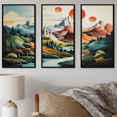 Multicolore, lune, châteaux, montagne, châteaux, art mural