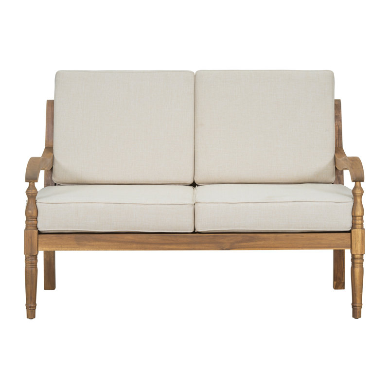 Causeuse d'extérieur en bois d'acacia avec coussins imperméables beiges, finition naturelle