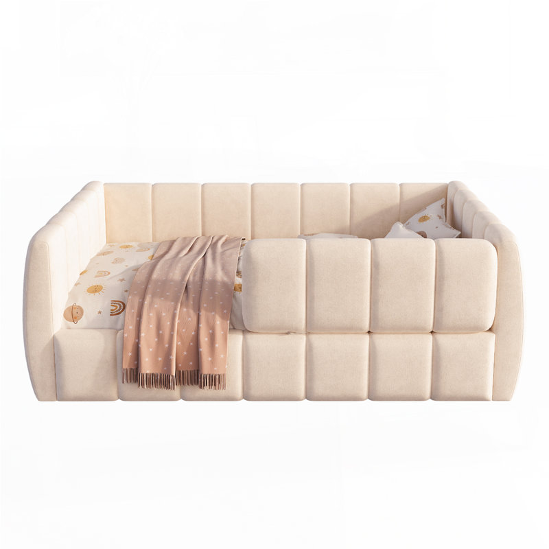 Lit de jour rembourré avec garde-corps amovible, Beige