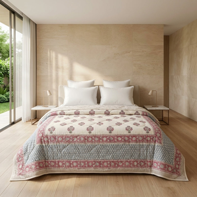 Édredon réversible 100% mousseline de coton | Impression à la main hypoallergénique de Jaipur, Très grand lit, Rose