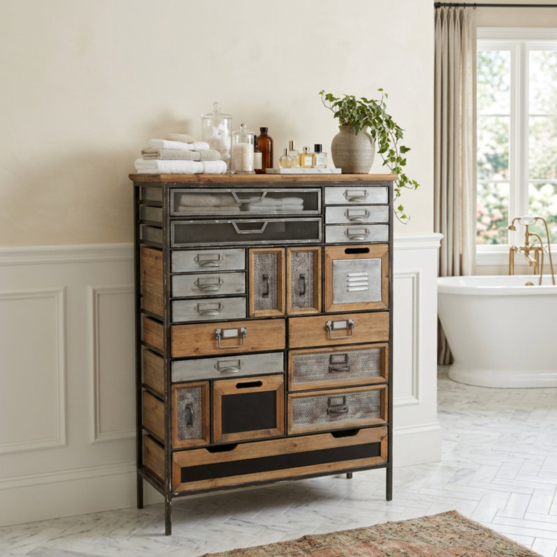 Commode d'appoint 17 tiroirs Brantson, Miel foncé