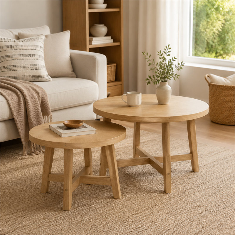 Ensemble de tables basses 2 pièces avec finition grain de bois naturel; présente des supports en forme de X et une conception empilable - une table d'appoint minimaliste et polyvalente qui convient aux salons, aux chambres à coucher ou aux balcons.