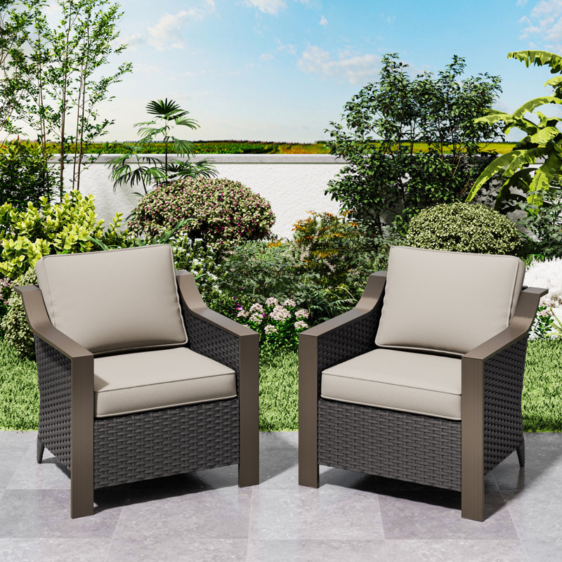 Polyethylene (PE) Wicker Wicker Outdoor Handrails Shaped Steel 2-Armrest Chairs Set with Beige Cushion, Beige