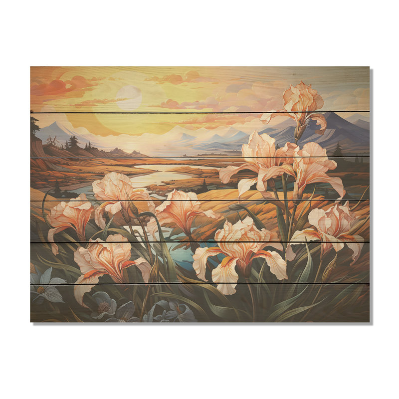 Iris Charm In Mountain I - Art mural en bois d'iris sur bois de pin naturel, H 24 po x l 32 po