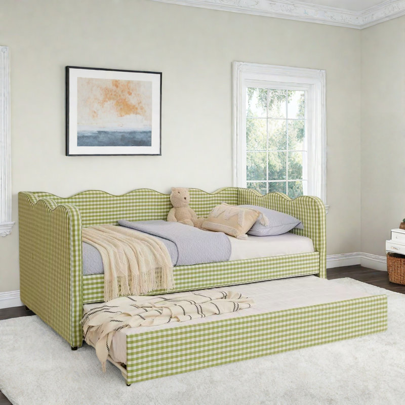 Lit de jour confortable avec couchette, port USB et adorable forme de vague, Vert