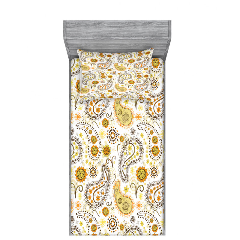 Microfiber Floral Sheet Set, Twin Sheet Set with Fitted Sheet, Orange Geometric