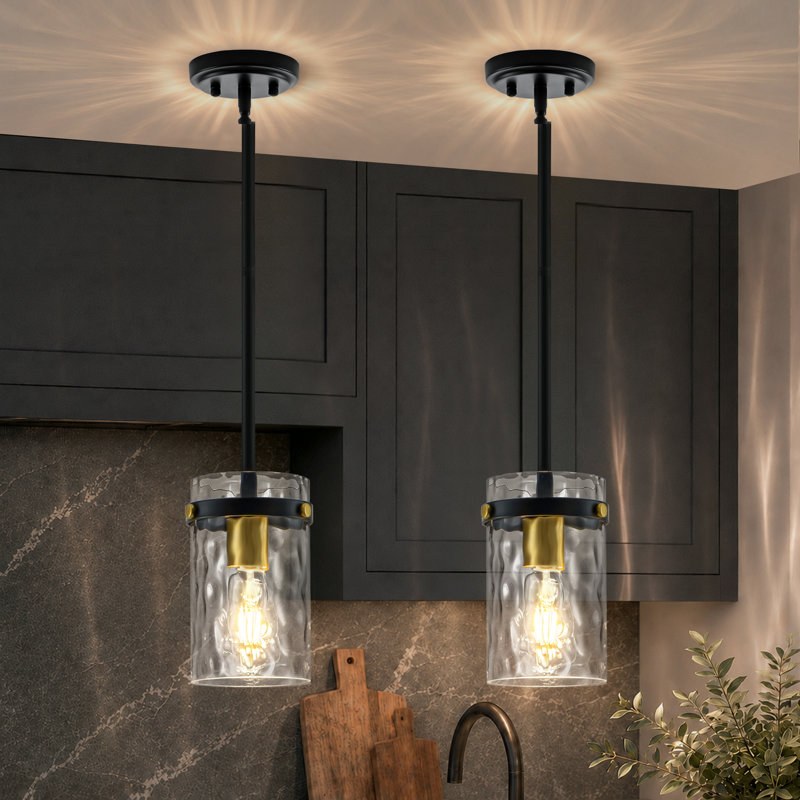 Suspension Levona 1 - Grande lumière pour îlot de cuisine avec abat-jour en verre martelé transparent (paquet de 2)