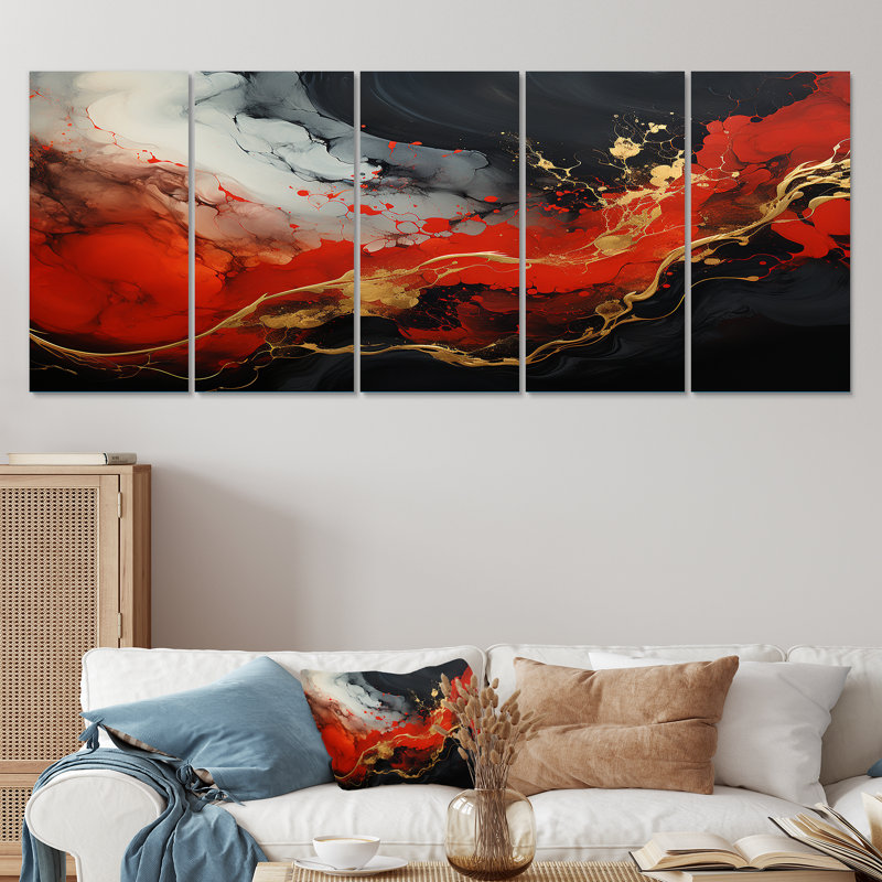 "Red and Gold Marble Fire II" - peinture abstraite, art mural 5 pièces, H 28 po x l 60 po