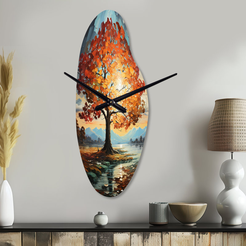 Horloge orange érable orange sarcelle - horloge en métal incurvée, horloge murale asymétrique orange, Médium