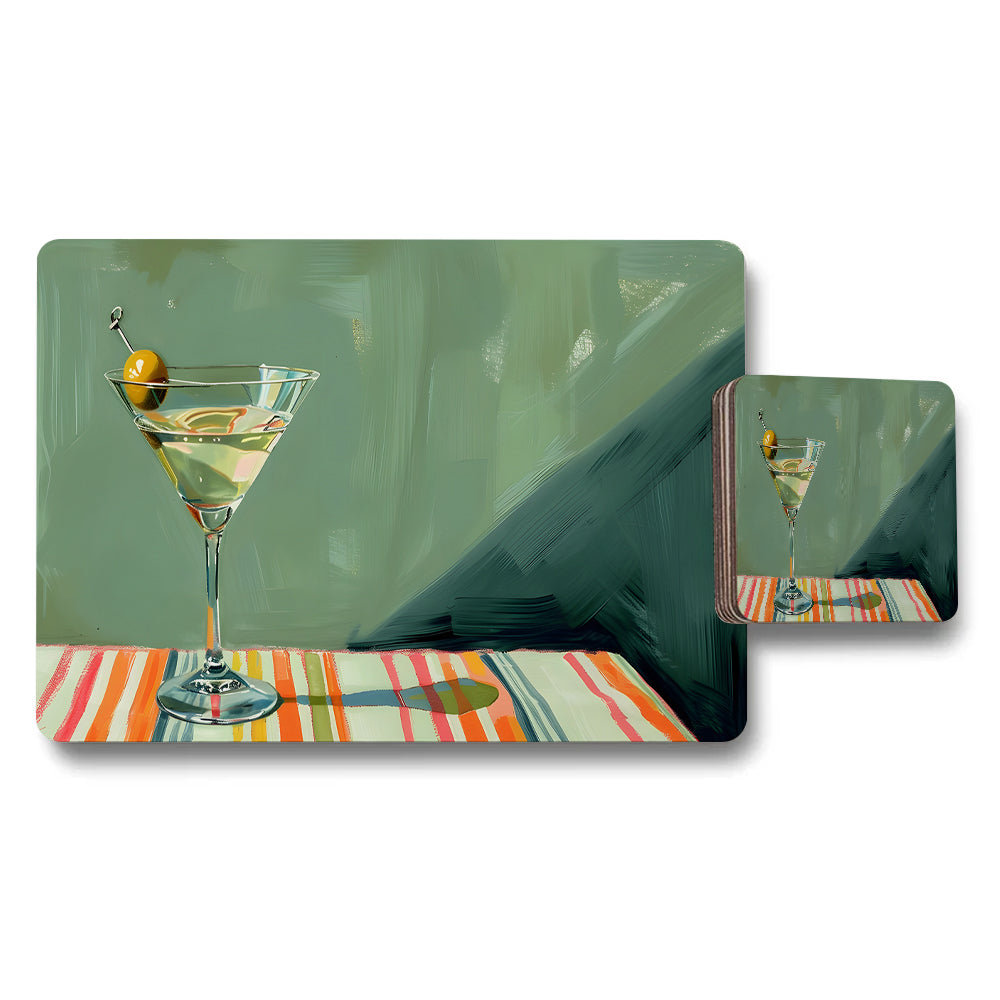 Cocktail Glass Art Placemats and Coaster Set With Striped Tablecloth