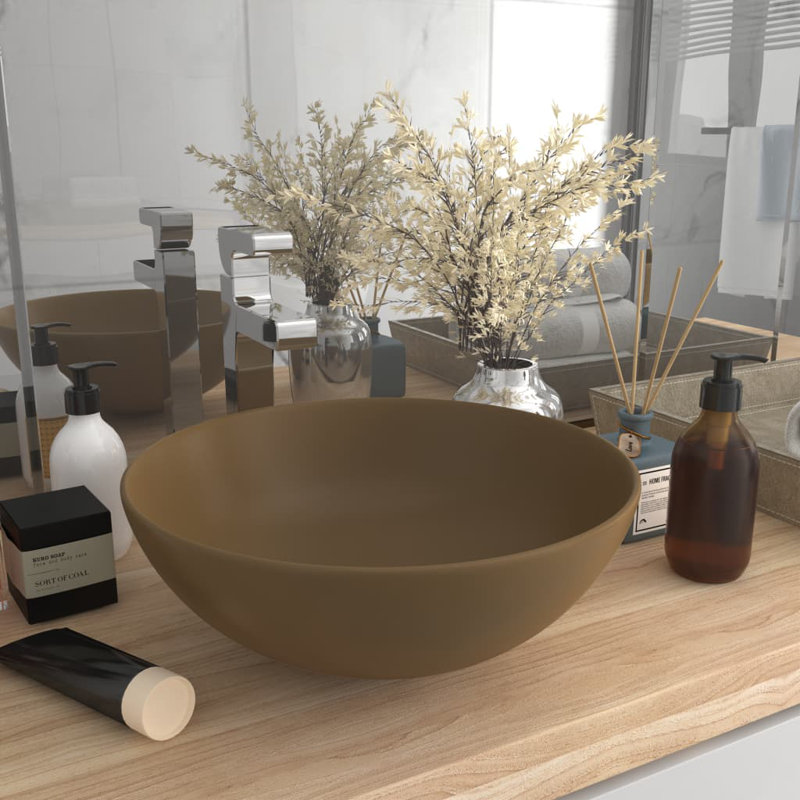 Belfry Bathroom Lonie 280mm Ceramic Circular Countertop Basin Bathroom Sink, Cream