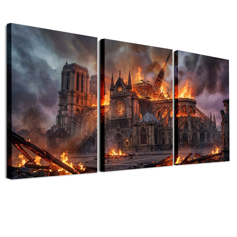Ensemble d'art mural sur toile gothique cathédrale engloutie en flammes et Halloween, H 36 po x l 24 po x 3 pièces
