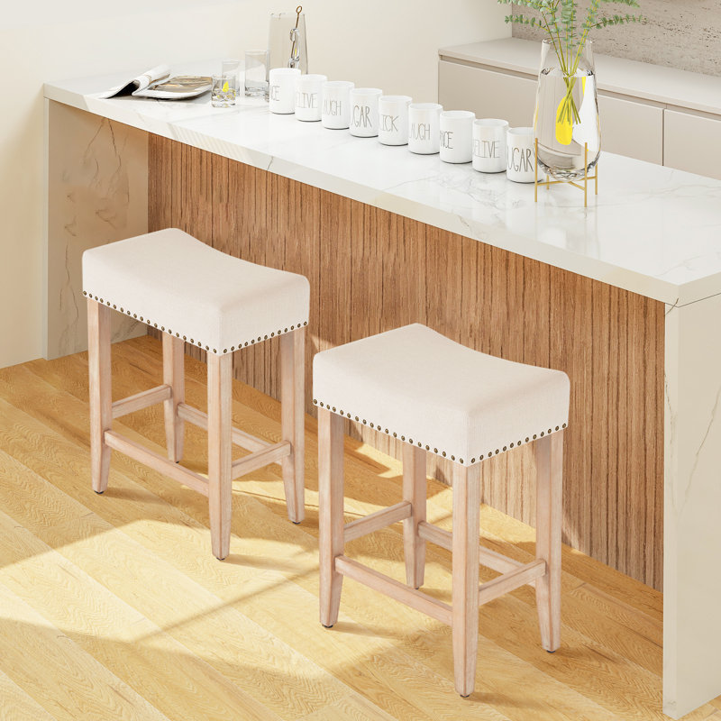 25.75" H Mid-Century Modern Backless Upholstered Counter Stool with Wood Frame, Beige Linen, Wood