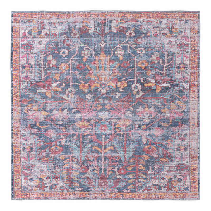 Tapis floral rouge / bleu Hafner, Carré 7 pi 10 po x 7 pi 10 po