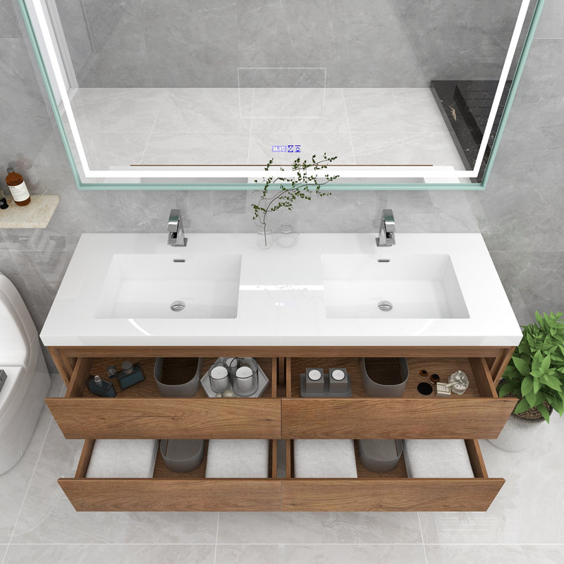 Azden 59.5" Wall-Mounted Double Bathroom Vanity Set, Teak Oak