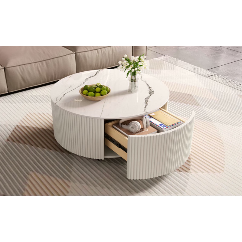 Table basse ronde moderne mobile avec roulettes, Blanc