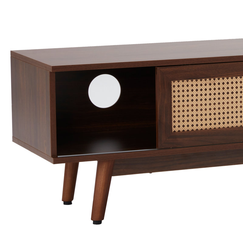 Mid Century Modern Tv Stand With Sliding Doors, Black Walnut, 65"