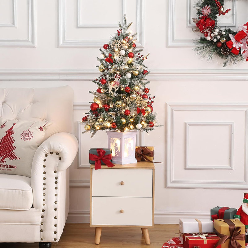 Arbre de Noël 3 pi pré-éclairé, 2 arbres de Noël artificiels avec base bonhomme de neige, arbres de Noël floqués avec 78 lumières DEL, fonction de minuterie à piles, décoration de Noël