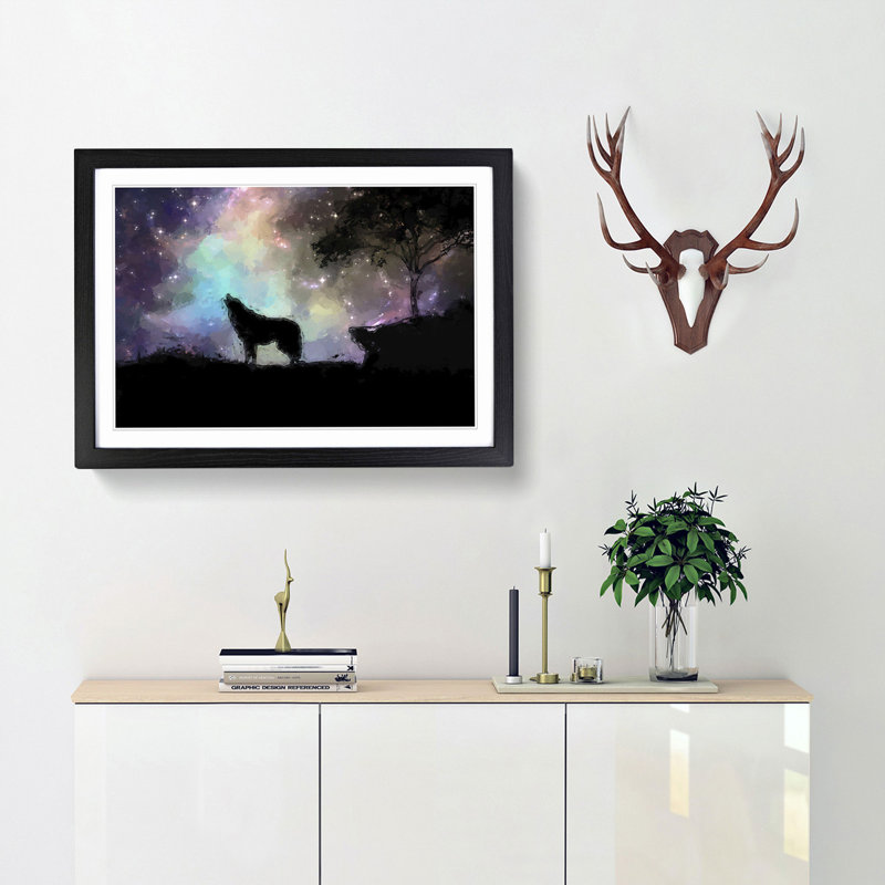 Howling Wolf with a Galaxy Forest in Abstract - Picture Frame Painting Print, 27cm H x 36cm W x 2cm D, Black Framed