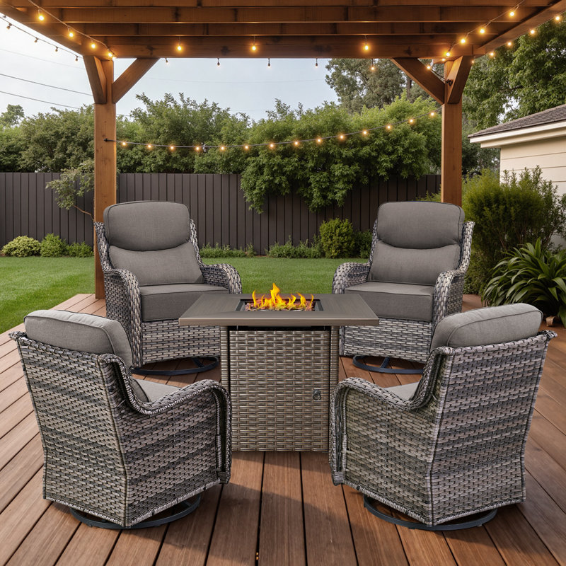 Ensemble de conversation de chaises berçantes pivotantes pour jardin extérieur avec table de foyer en osier, Gris, Gris
