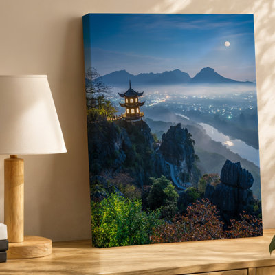 Canvas A Tranquil Night Scene Unfolds Featuring A Traditional Asian Pagoda Wall Art With Gracefully Curved Roofs And Ornate Adding Canvas Wall Art