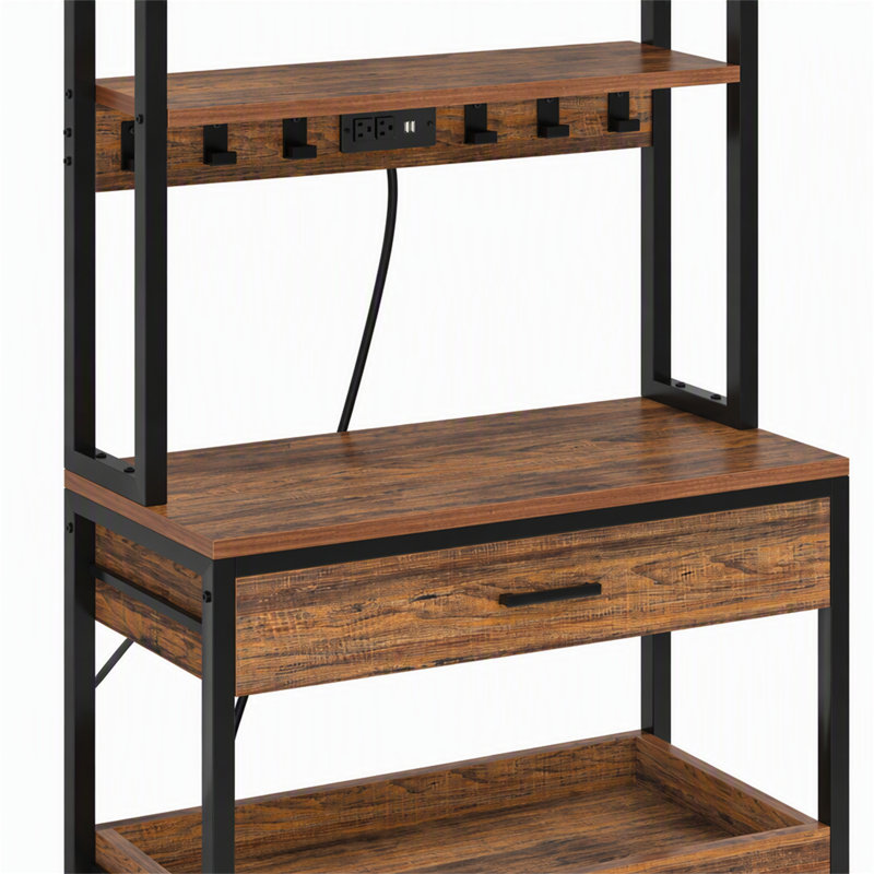 Étagère de boulanger de cuisine à 5 niveaux avec prises de courant, tiroir et tablettes coulissantes, Rustic Brown