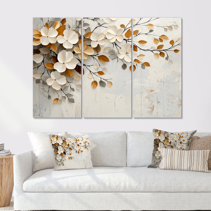 Fleurs de cerisier blanc orange et botanique II - ensemble d'art mural fleurs de cerisier, Toile avec cadre flottant brun