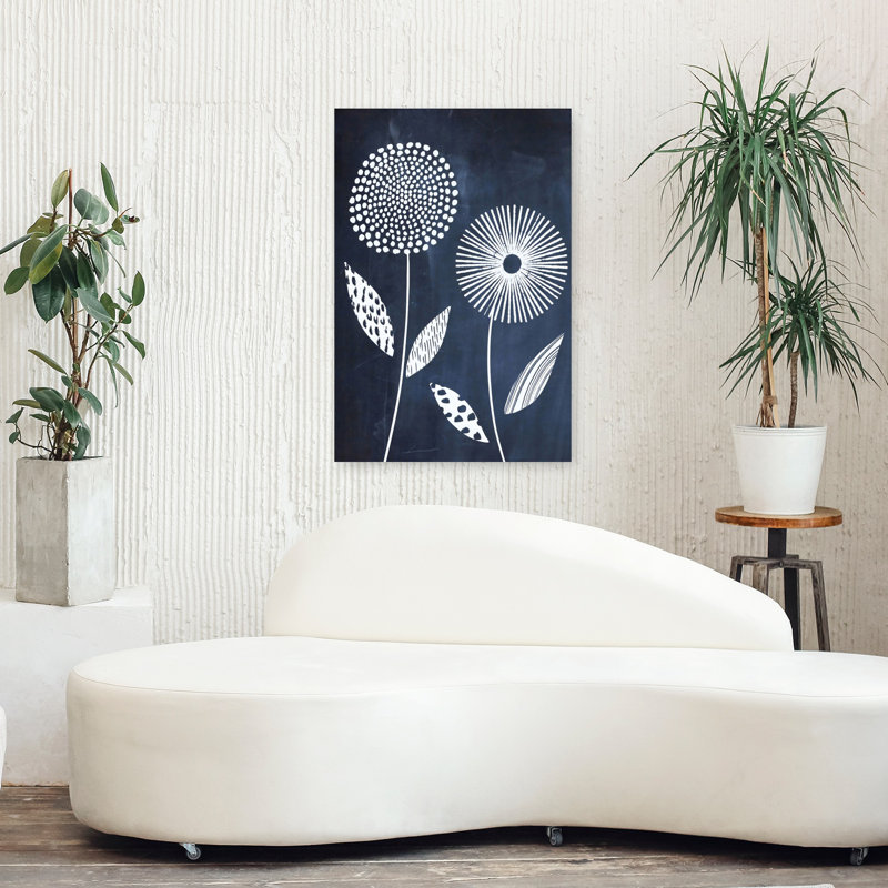 «Blue and White Vase», abstrait, audacieux, fleur de pissenlit contemporaine, art mural, 36" H x 24" W