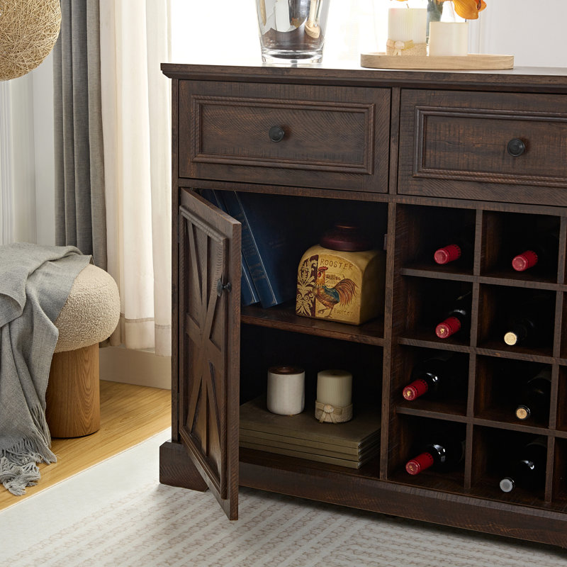 Farmhouse Liquor Cabinet Bar Cabinet with 2 Drawers, Wine Bar Cabinet with Removable Wine Racks Storage Shelves, Espresso