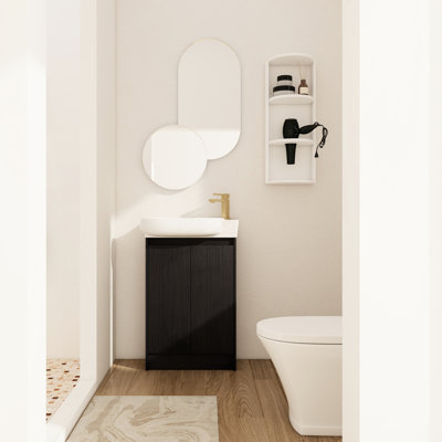 Meuble-lavabo autoportant de 58 cm (23 po) avec portes à fermeture amortie, lavabo rond simple en céramique, fini châtaigne noir, design moderne, contreplaqué de haute qualité, étagère de rangement et tablettes réglables intégrées au meuble mural.