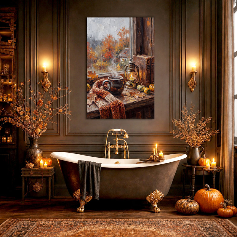 Scène d'automne à la fenêtre avec tasse fumante et lanterne - Toile murale d'Halloween, 36"H x 24"W