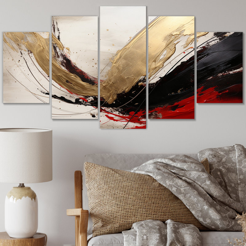 Midnight Passion Abstract Wave Scarlet & Gold IV - Art mural abstrait sur toile - 5 panneaux