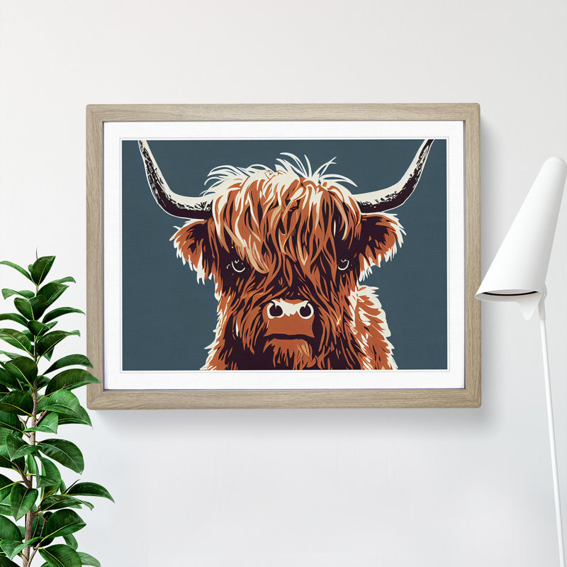 Groovy Highland Cow - Single Picture Frame Print, 34cm H x 46cm W x 2cm D, Oak Framed