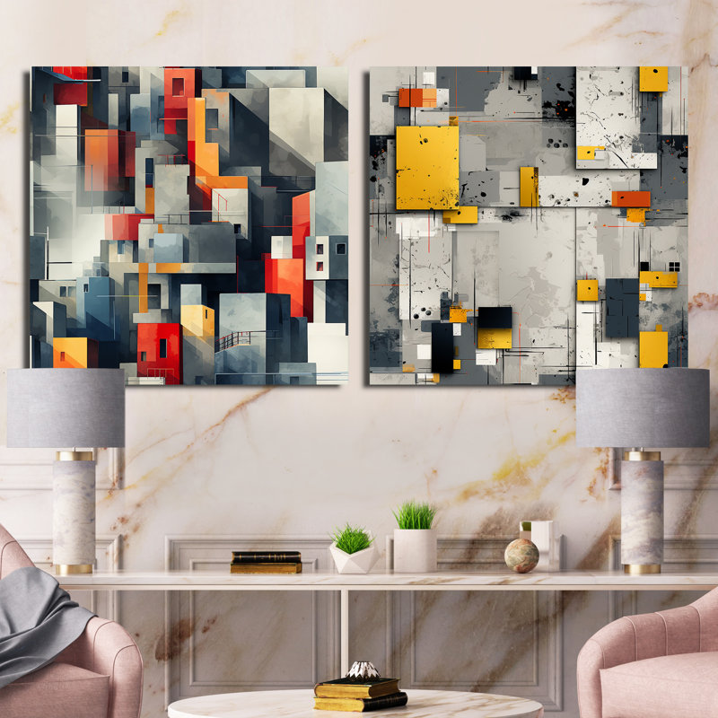 Coryden - Abstract Shapes Square Collage Set Of 2, 36" H x 73" W, Wrapped Canvas