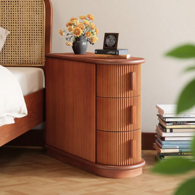 Walnut Color Narrow End Table with 3 Drawers, Solid Wood Nightstand with Semi-Oval Design