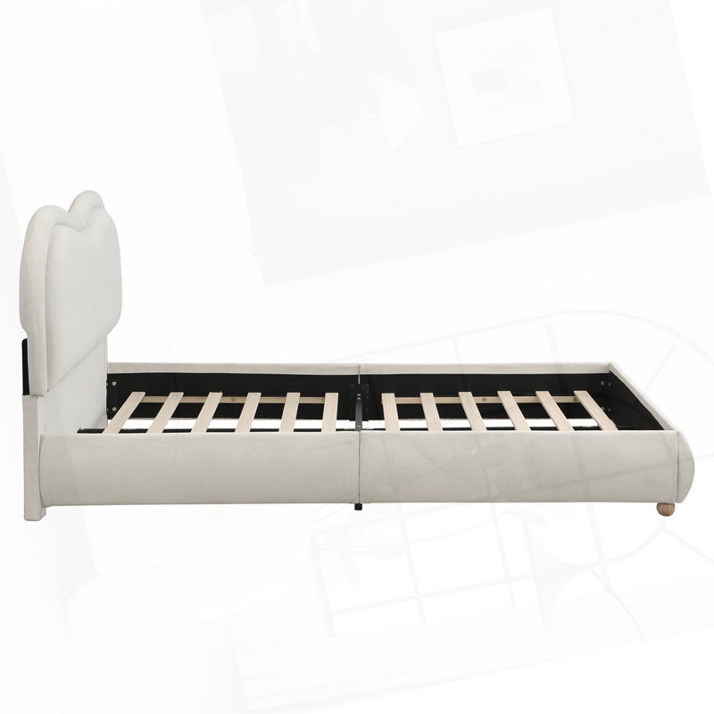 Lit plateforme en chenille avec tête de lit tapissier éponge incurvée de 8 cm, Beige, Grand lit