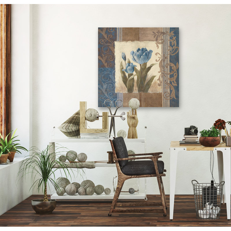 « blue tulip scroll », peinture sur toile tendue, H 24 po x l 24 po x P 1,5 po