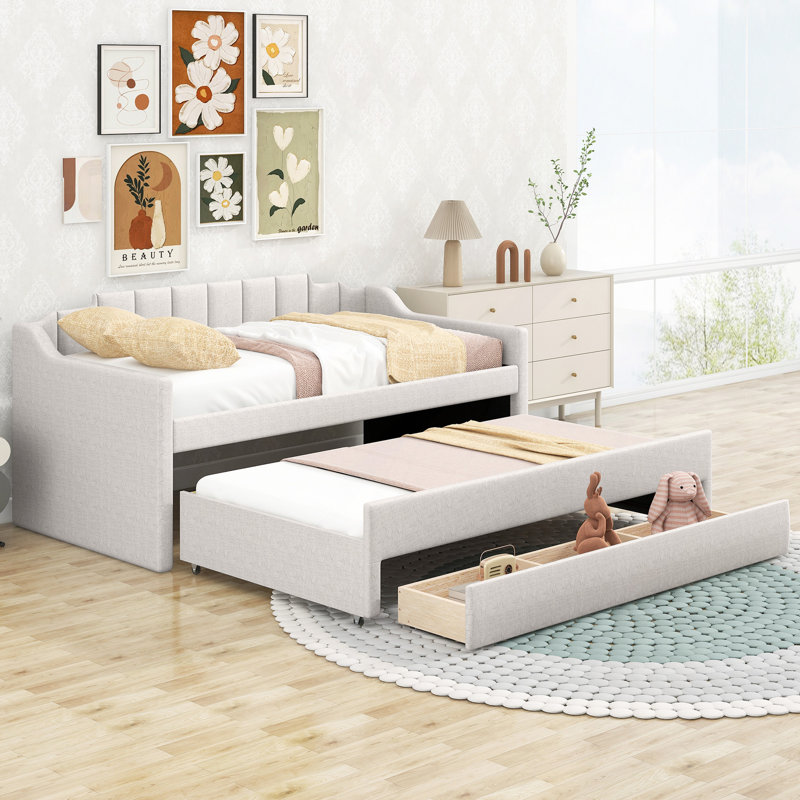 Upholstered Daybed With Trundle And Three Drawers, Beige, Twin