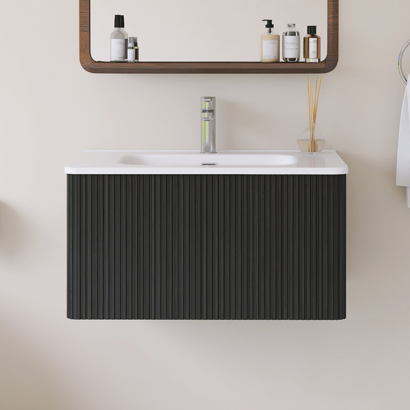 Meuble-lavabo mural simple 30 po avec comptoir intégré en céramique blanche, 30", Noir